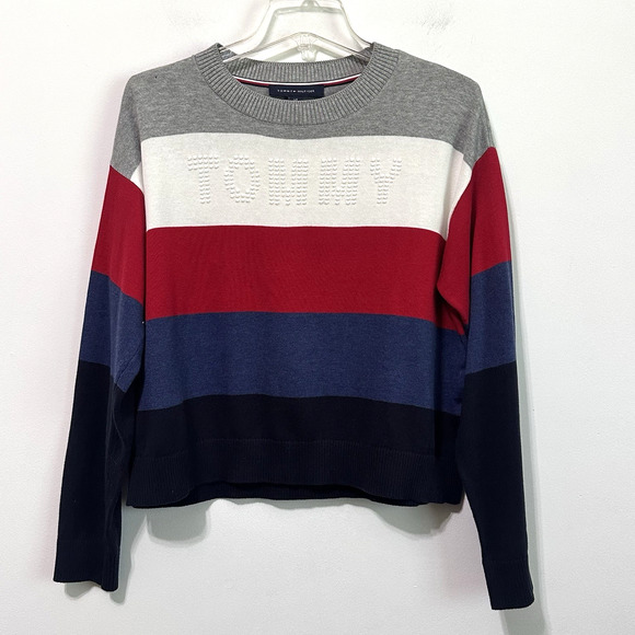 Tommy Hilfiger Womens Striped Sweater S Bubble Logo Long Sleeve Knit Preppy FLAW - Picture 1 of 11